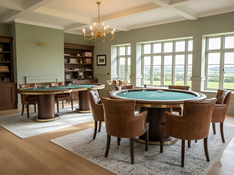 Rendered scene of a matched pair of Brass-Edged tables in a Cotswolds games room
