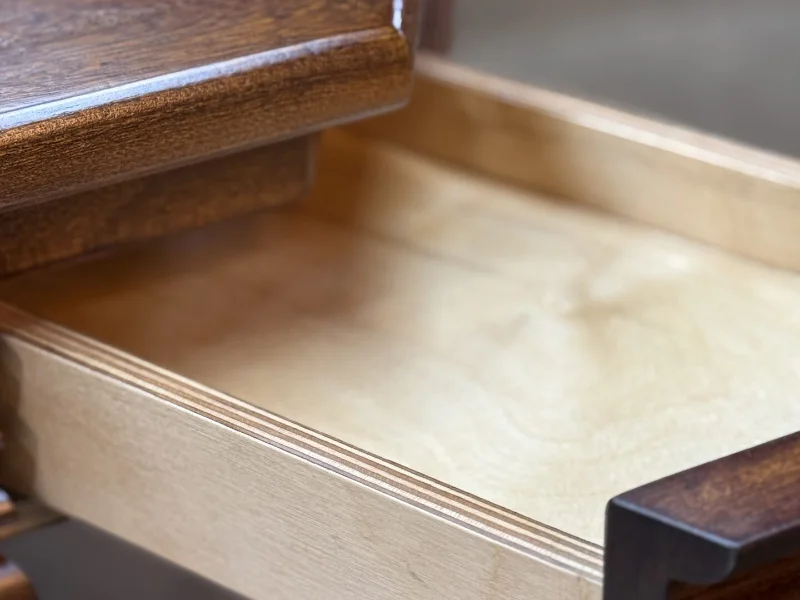 Chip drawer slid open, maple-lined interior