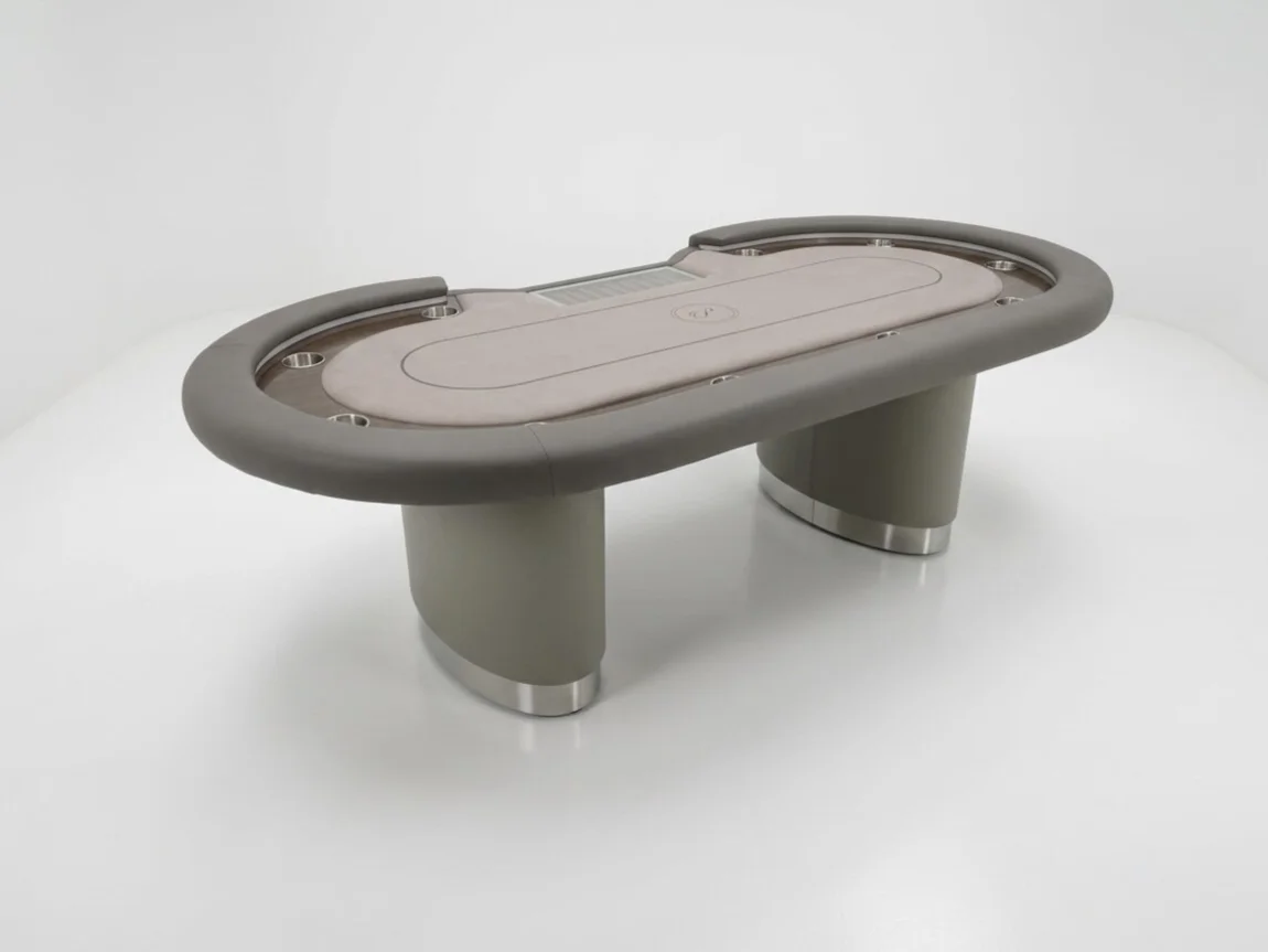 The Premier poker table in grey anigre veneer with taupe leather rail and aluminium Aero pedestals
